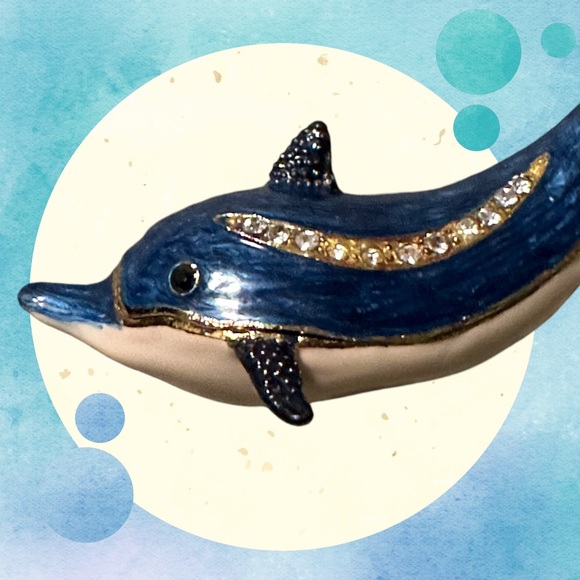 Blue Dolphin Enamel Hinged Magnetic Rhinestone Jewelry Trinket Box 3.5" - Picture 12 of 12